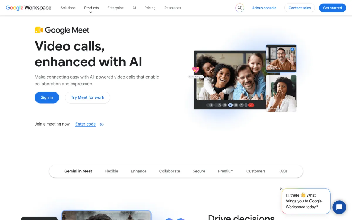 Halaman Google Meet di Google Workspace pada Oktober 2026: “Panggilan video, dipertingkat dengan AI”, dengan butang log masuk dan butang cuba Meet untuk kerja