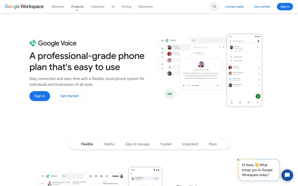 Halaman Google Voice pada Oktober 2026 (voice.google.com/about dialihkan ke Google Workspace): “Pelan telefon bertaraf profesional yang mudah digunakan”