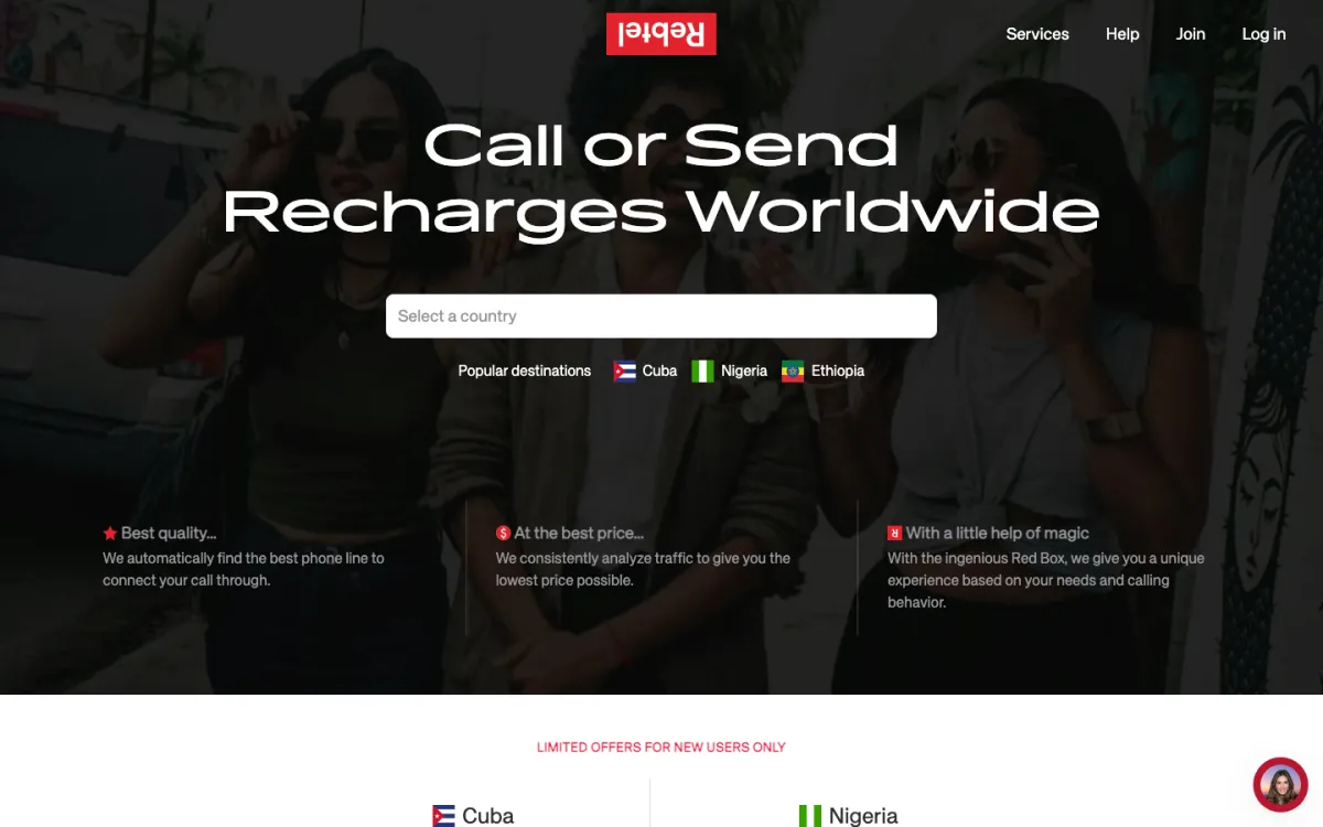 Halaman utama Rebtel pada Oktober 2026: “Telefon atau hantar tambah nilai ke seluruh dunia”, dengan pemilih negara dan destinasi popular Cuba, Nigeria dan Ethiopia