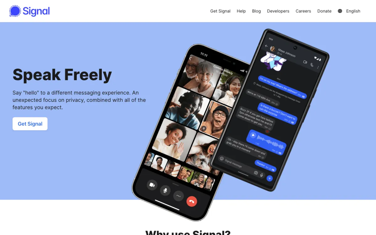 Signal homepage in October 2026 with the headline "Speak Freely", a Get Signal button and phones showing a group video call and chat