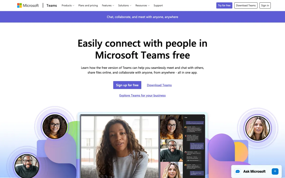 Stránka Microsoft Teams (free), stav: říjen 2026: nadpis o snadném spojení s lidmi v bezplatné verzi Teams, tlačítko pro registraci zdarma a skupinový videohovor