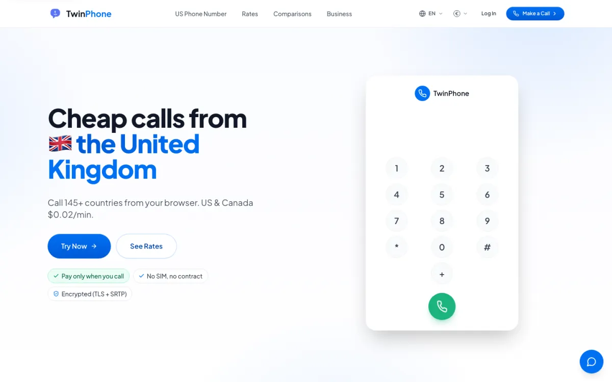 Halaman utama TwinPhone pada Oktober 2026: tajuk “Panggilan murah dari United Kingdom”, pad dail dalam pelayar dan panggilan ke AS dan Kanada dari RM 0.082 seminit