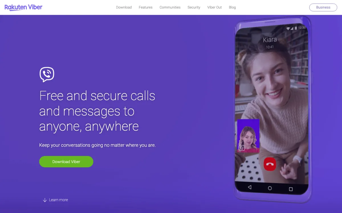 Halaman utama Rakuten Viber pada Oktober 2026: “Panggilan dan mesej percuma dan selamat kepada sesiapa sahaja, di mana-mana sahaja”, dengan butang untuk memuat turun Viber