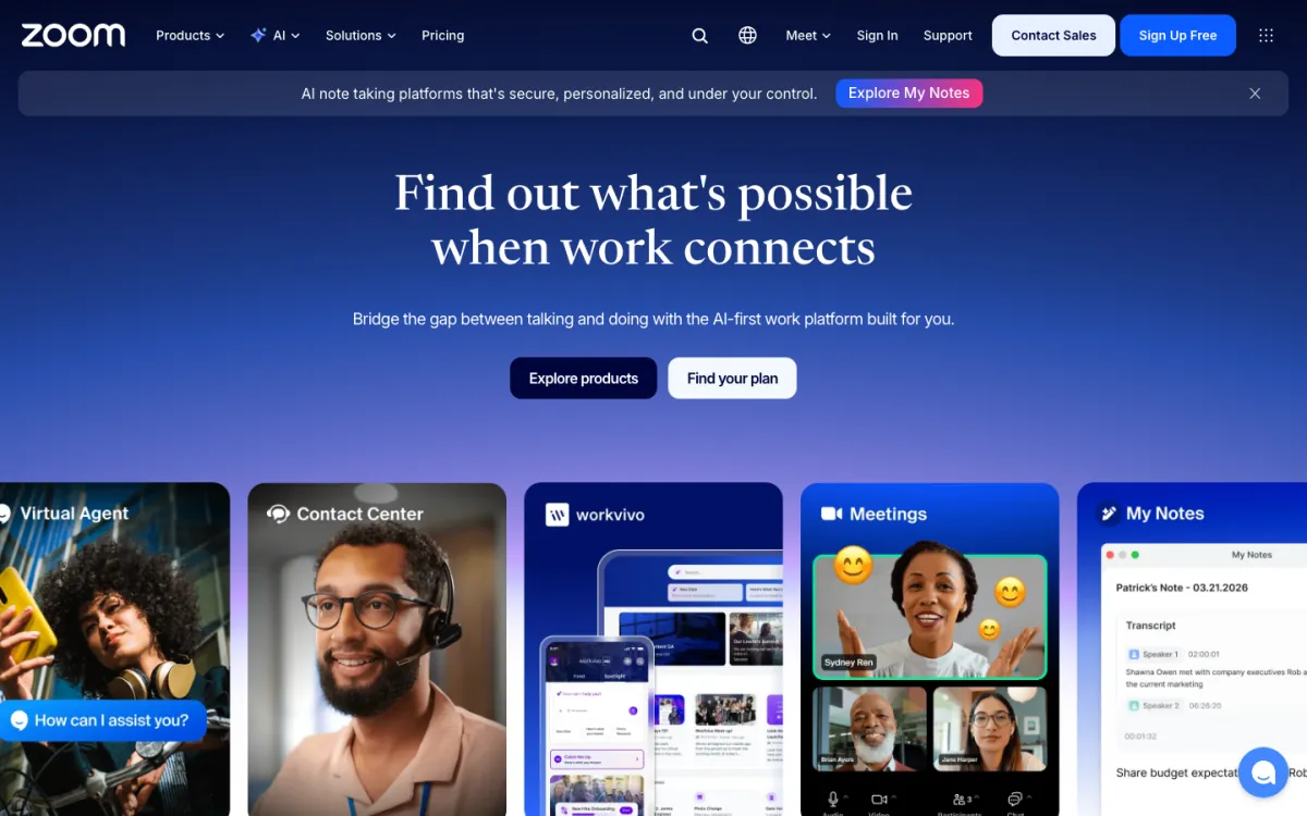 Zoom homepage in October 2026: "Find out what's possible when work connects", promoting its AI-first work platform with Meetings, My Notes and Contact Center tiles